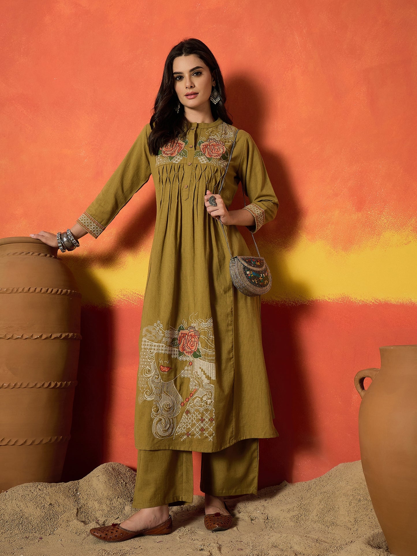 Solid & Embroidered Cotton Flex A-Line Kurta Palazzo Set