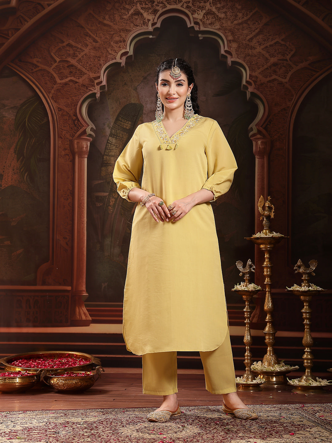 Yellow Solid & Embroidered Silk Blend Straight Kurta Pant Set