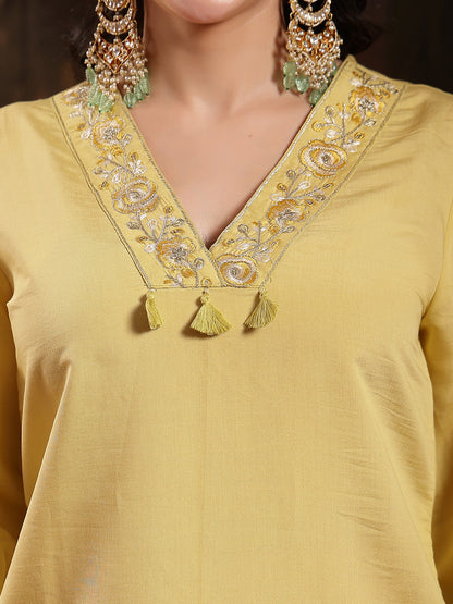 Yellow Solid & Embroidered Silk Blend Straight Kurta Pant Set