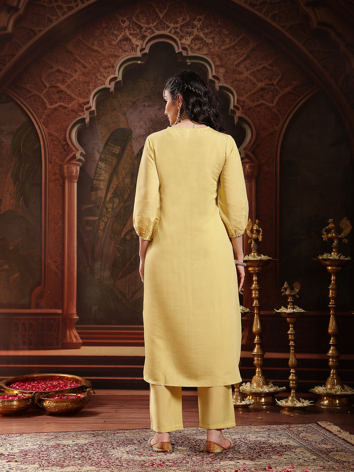 Yellow Solid &amp; Embroidered Silk Blend Straight Kurta Pant Set
