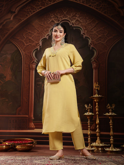 Yellow Solid & Embroidered Silk Blend Straight Kurta Pant Set