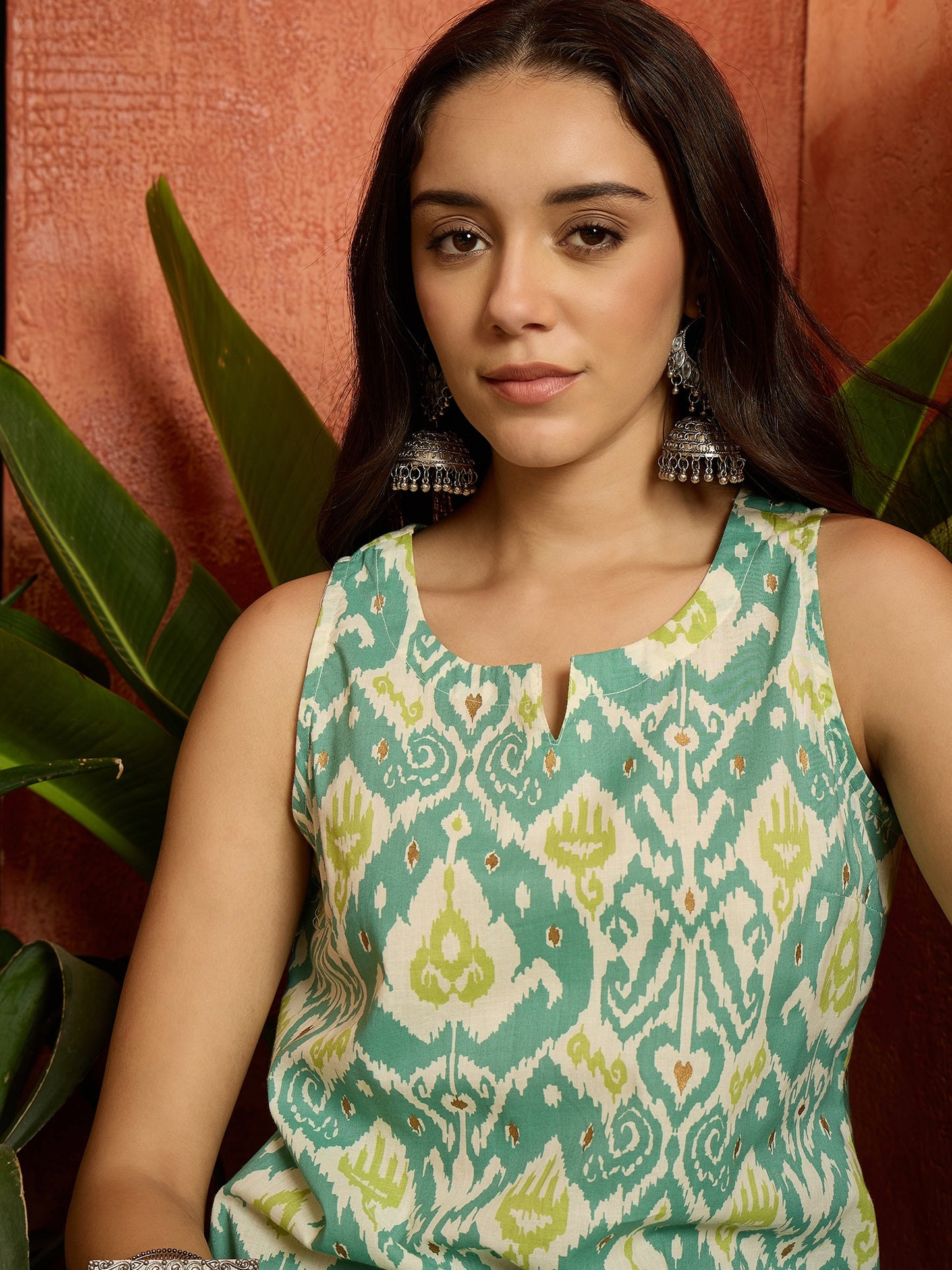 Ikat Printed Pure Cotton Straight Kurti With Farshi Salwar