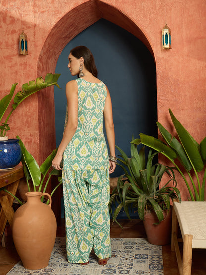 Ikat Printed Pure Cotton Straight Kurti With Farshi Salwar