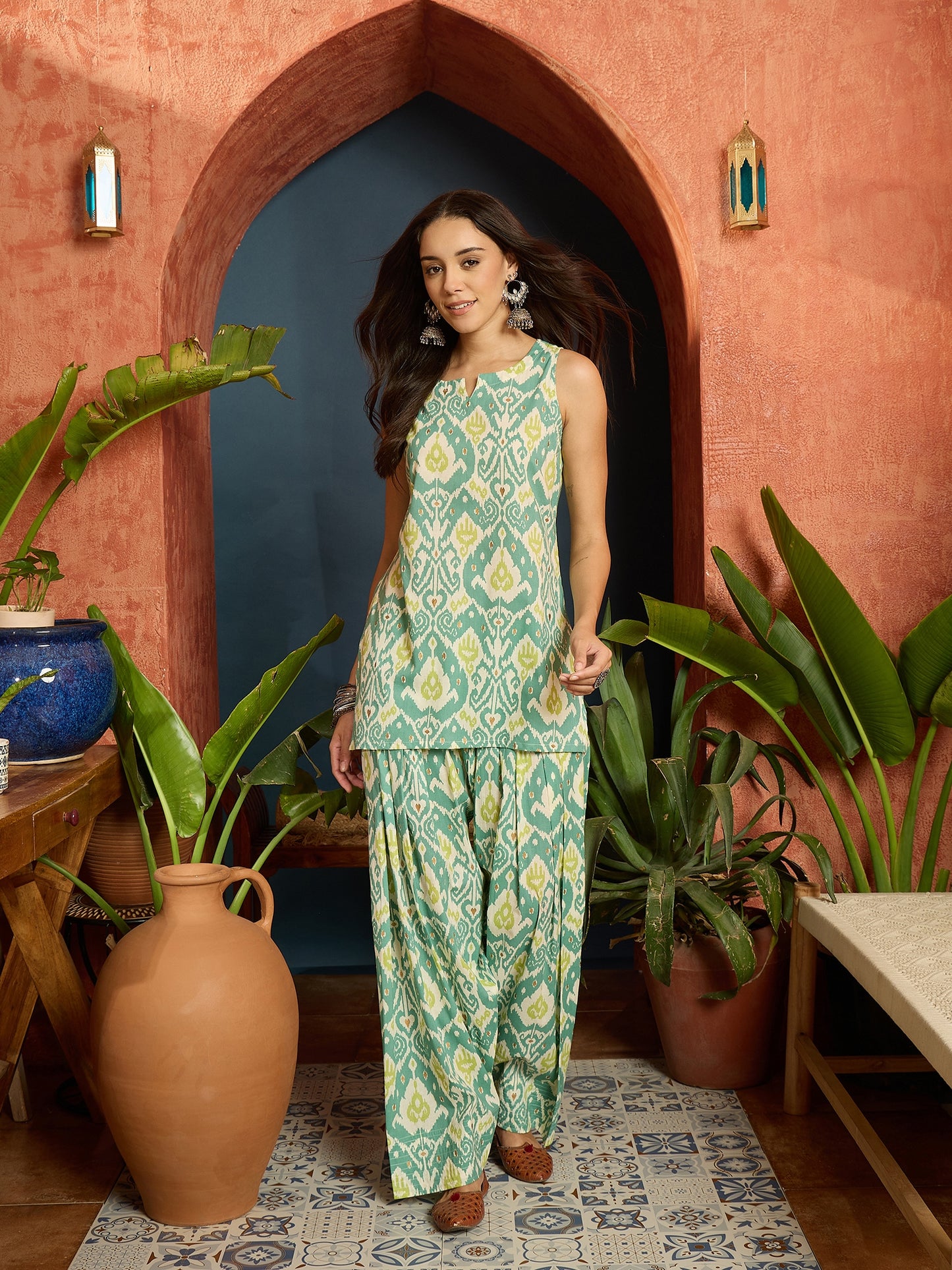 Ikat Printed Pure Cotton Straight Kurti With Farshi Salwar