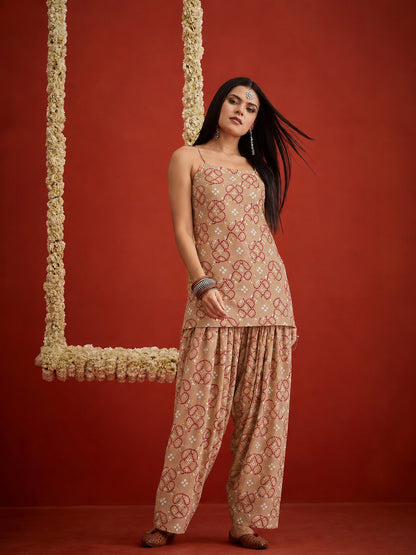Bandhej Printed Reyon Straight Short Kurti With Farshi Salwar
