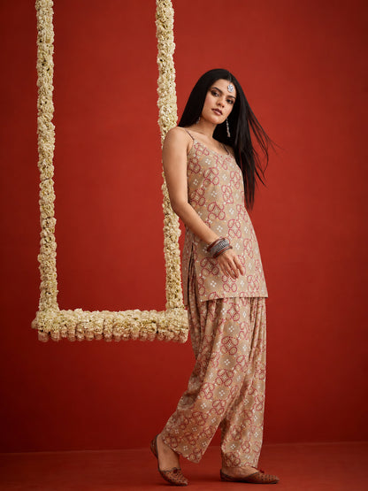 Bandhej Printed Reyon Straight Short Kurti With Farshi Salwar