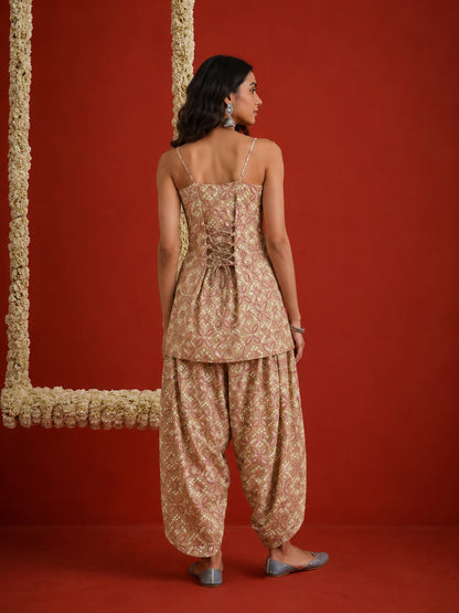 Bandhej Printed Reyon Straight Short Kurti With Farshi Salwar