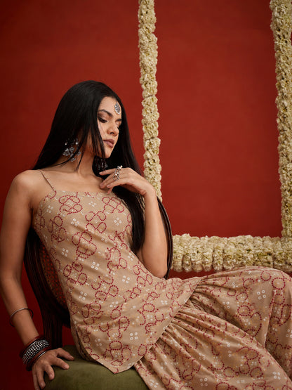 Bandhej Printed Reyon Straight Short Kurti With Farshi Salwar