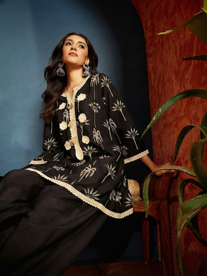 Palm Tree Printed Pure Cotton A-Line Short Kurti With Farshi Farshi Salwar Set