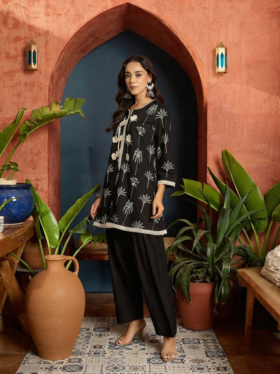 Palm Tree Printed Pure Cotton A-Line Short Kurti With Farshi Farshi Salwar Set