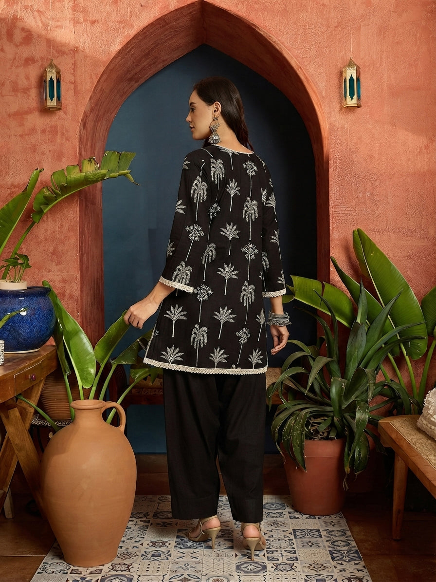 Palm Tree Printed Pure Cotton A-Line Short Kurti With Farshi Farshi Salwar Set