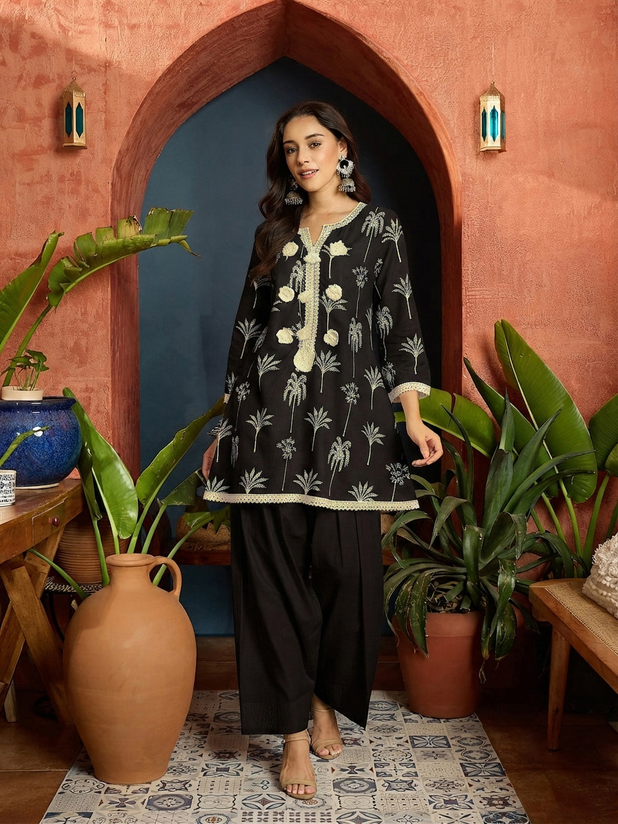 Palm Tree Printed Pure Cotton A-Line Short Kurti With Farshi Farshi Salwar Set