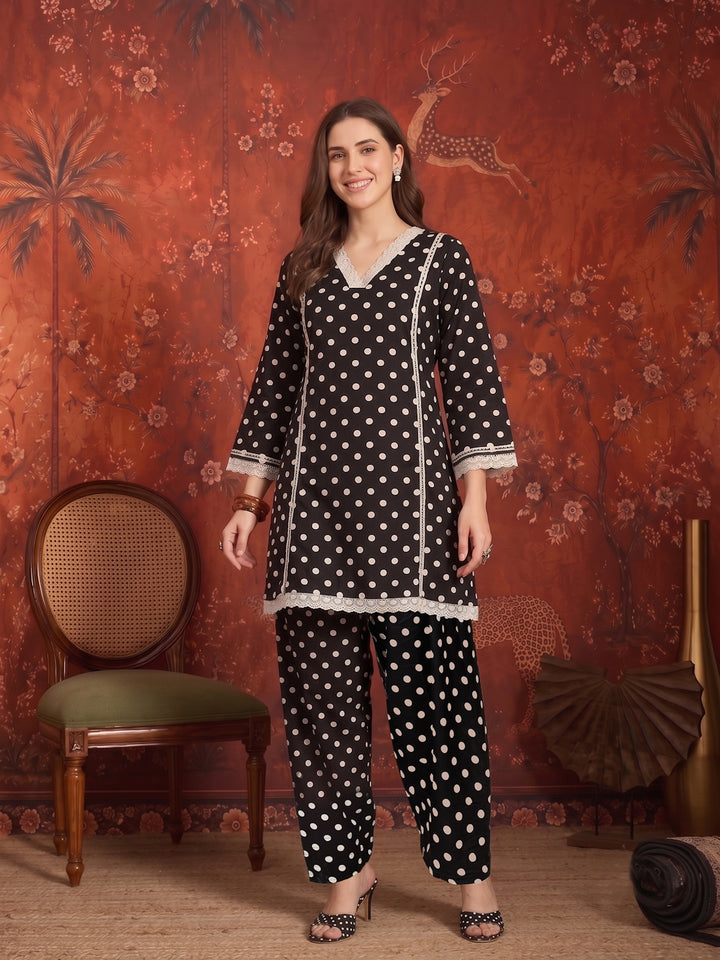 Polka Dots Printed Rayon A-Line Short Kurti With Farshi Salwar