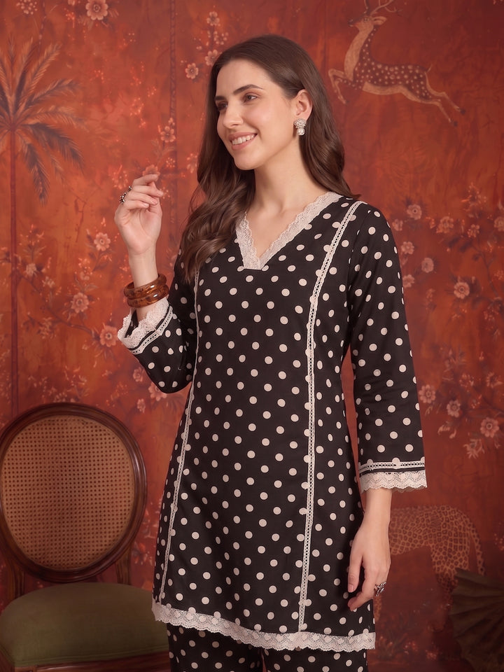 Polka Dots Printed Rayon A-Line Short Kurti With Farshi Salwar