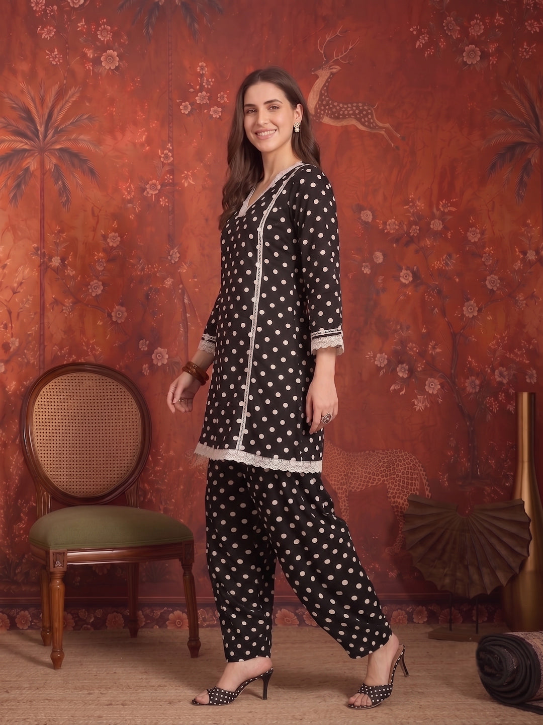Polka Dots Printed Rayon A-Line Short Kurti With Farshi Salwar