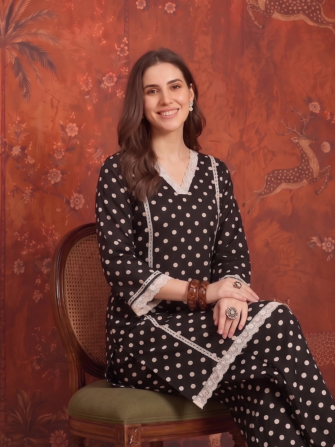 Polka Dots Printed Rayon A-Line Short Kurti With Farshi Salwar