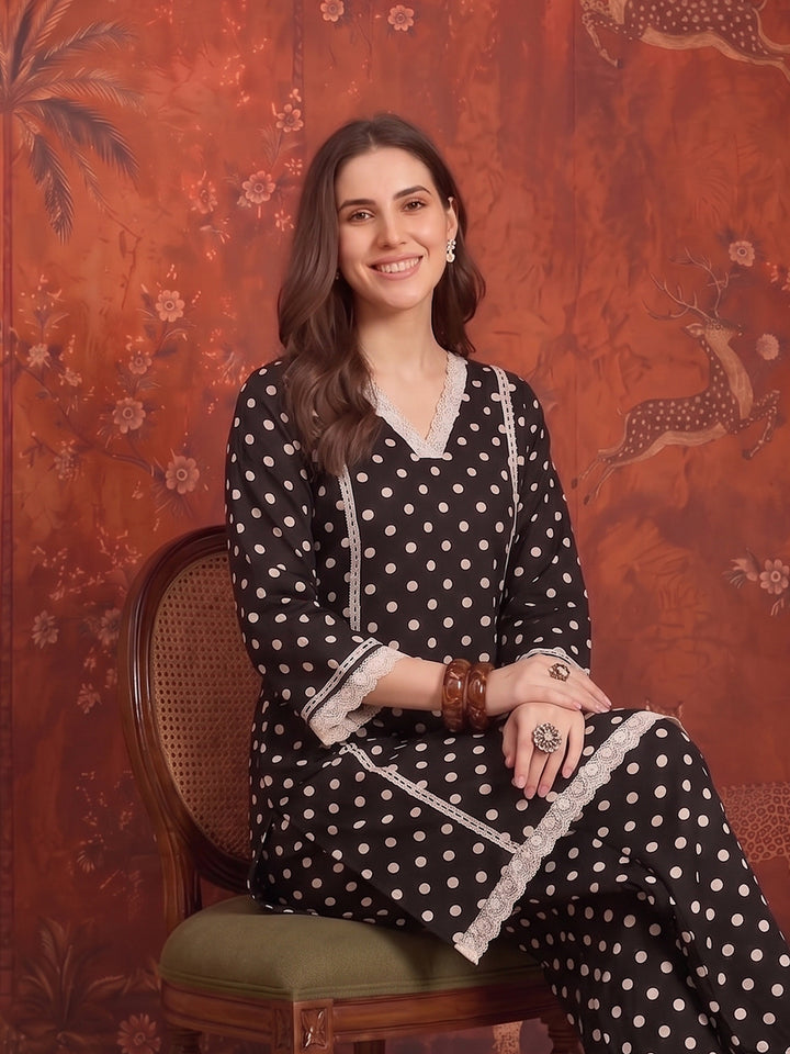 Polka Dots Printed Rayon A-Line Short Kurti With Farshi Salwar