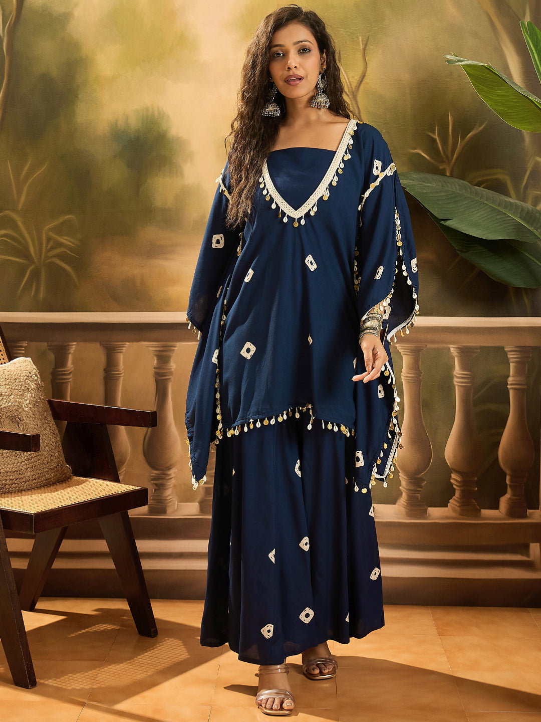 Bandhej Printed Rayon Kaftan Tube Top Sharara Set