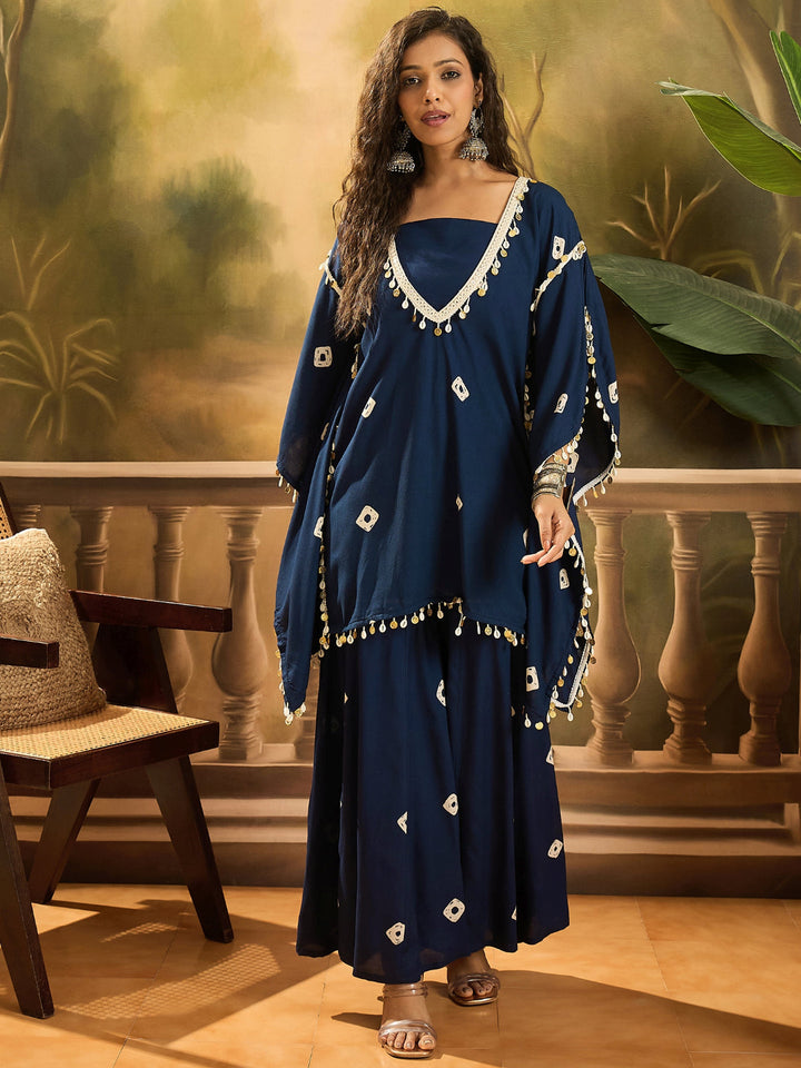 Bandhej Printed Rayon Kaftan Tube Top Sharara Set