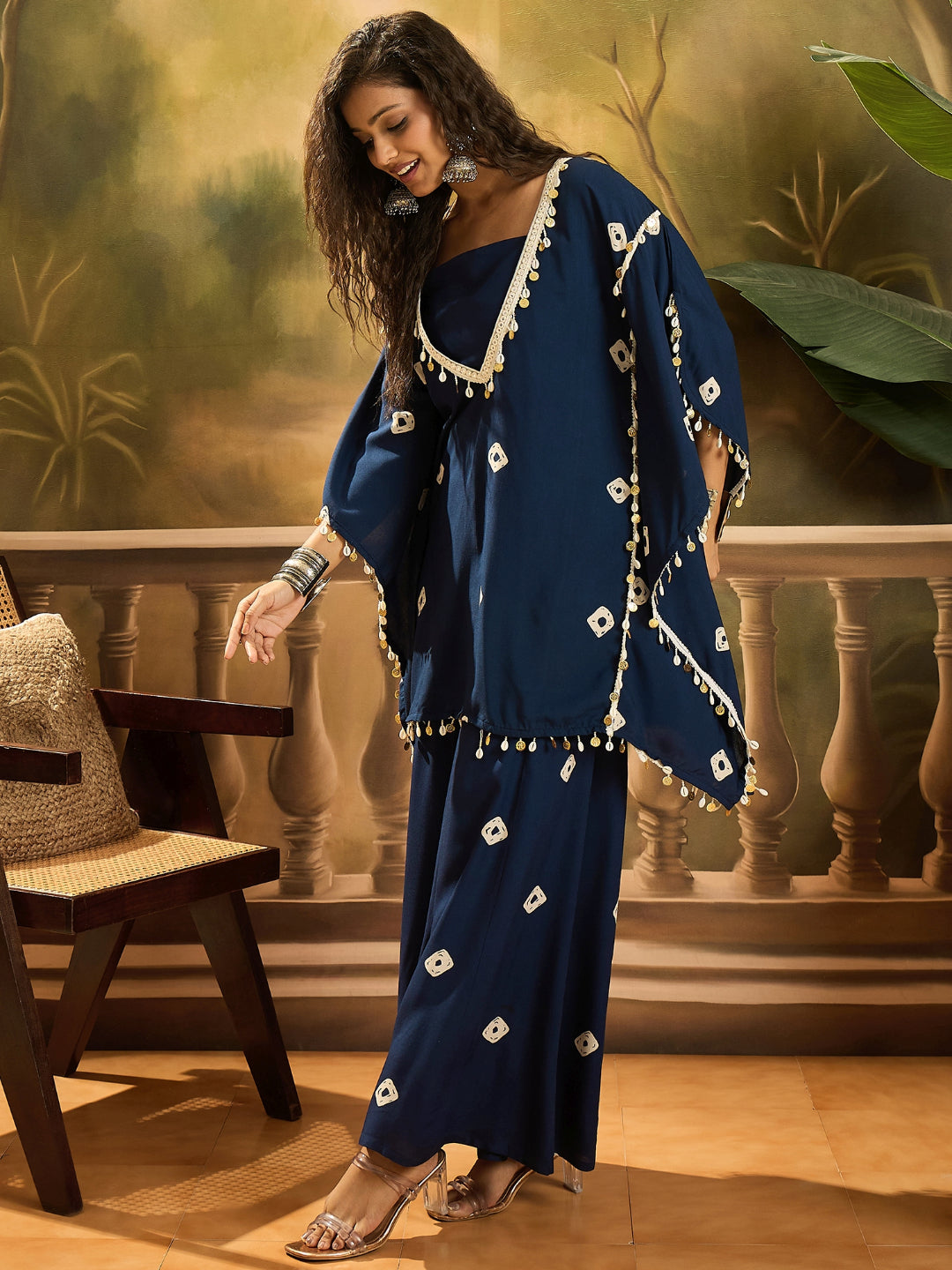 Bandhej Printed Rayon Kaftan Tube Top Sharara Set