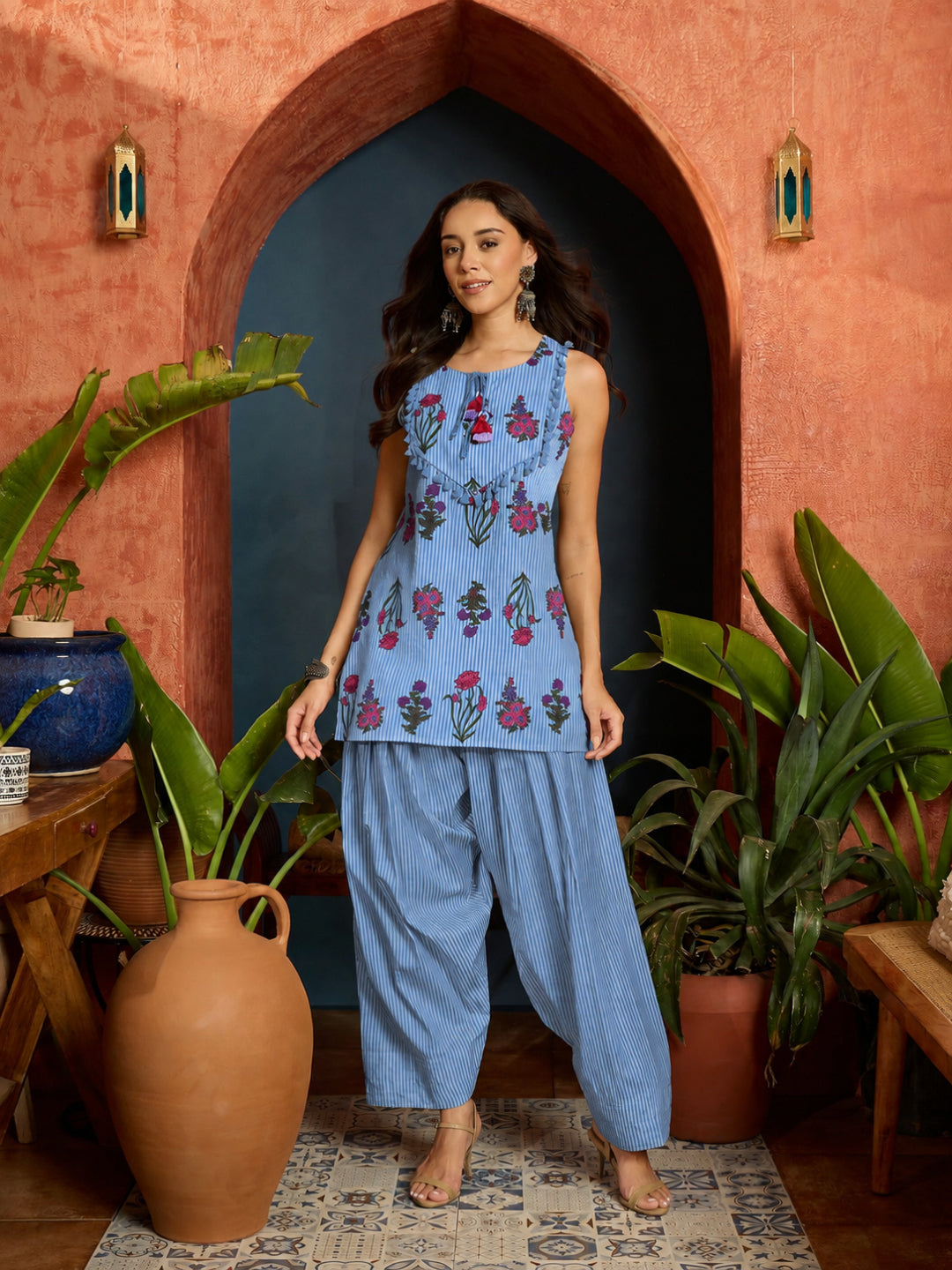 Floral Printed Pure Cotton Straight Short Kurti With Farshi Salwar Set