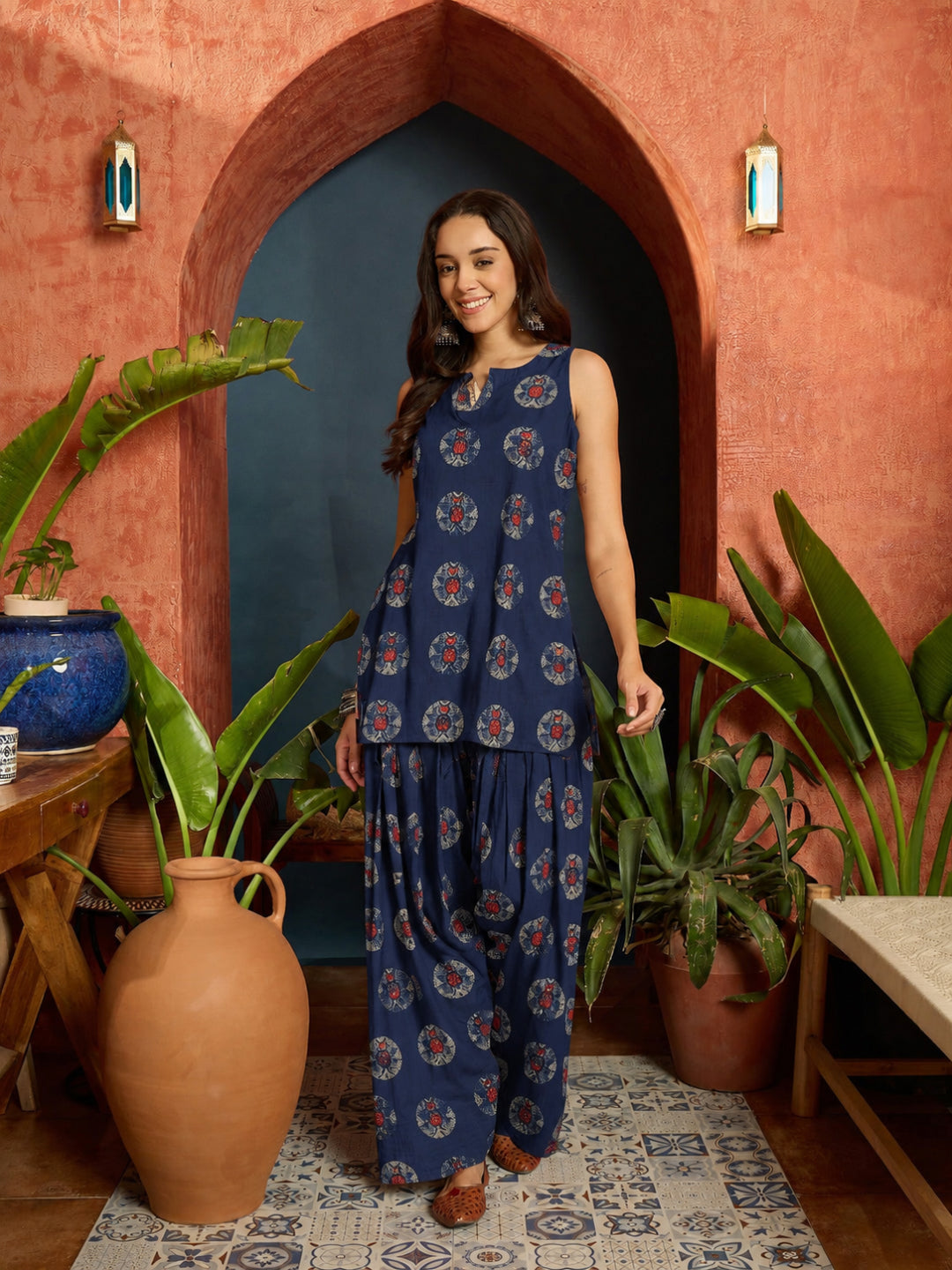 Ethnic Printed Pure Cotton Straight Kurti With Farshi Salwar