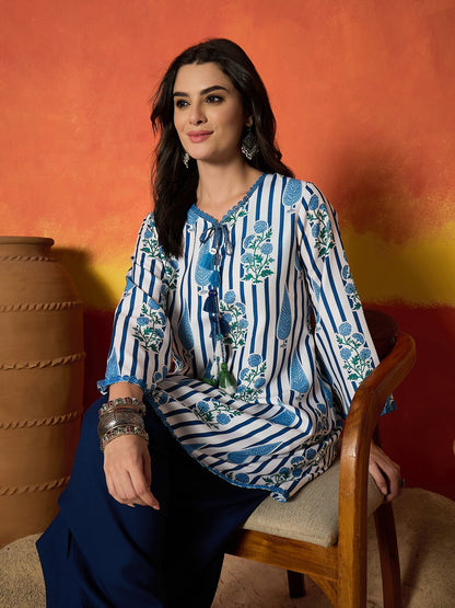 Striped & Floral Printed Rayon A-Line Kurti With Farshi Salwar Salwar