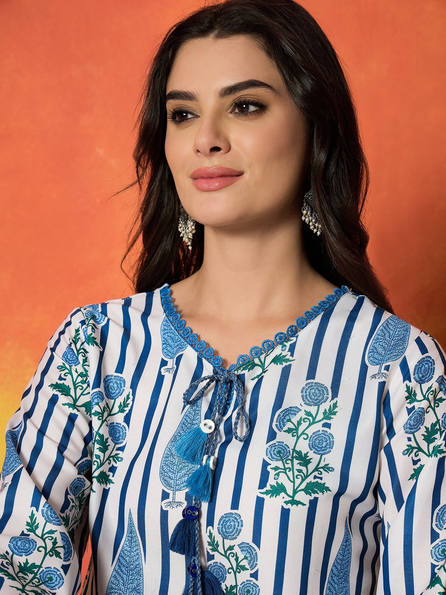 Striped & Floral Printed Rayon A-Line Kurti With Farshi Salwar Salwar