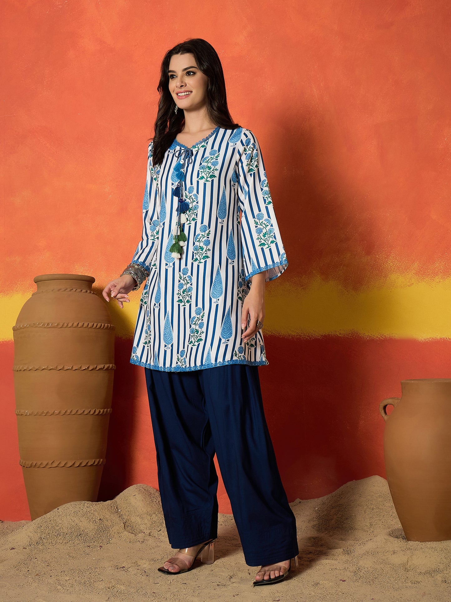 Striped & Floral Printed Rayon A-Line Kurti With Farshi Salwar Salwar