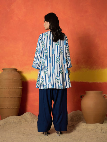 Striped & Floral Printed Rayon A-Line Kurti With Farshi Salwar Salwar
