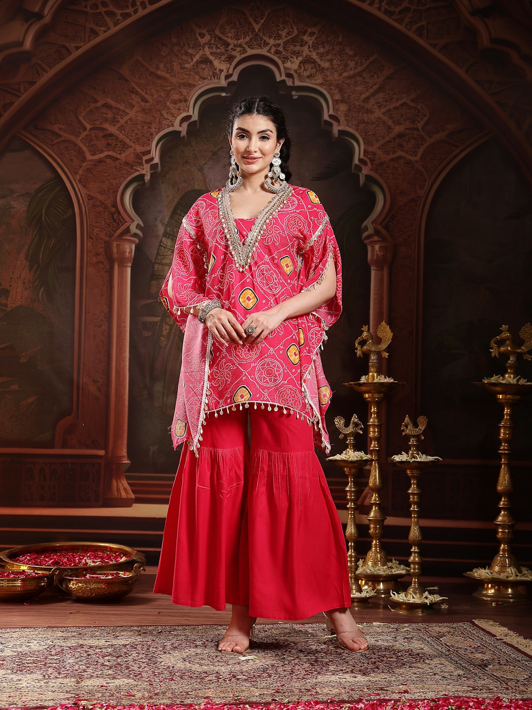 Pink Bandhej Printed Crepe Kaftan Sharara Set
