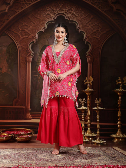 Pink Bandhej Printed Crepe Kaftan Sharara Set