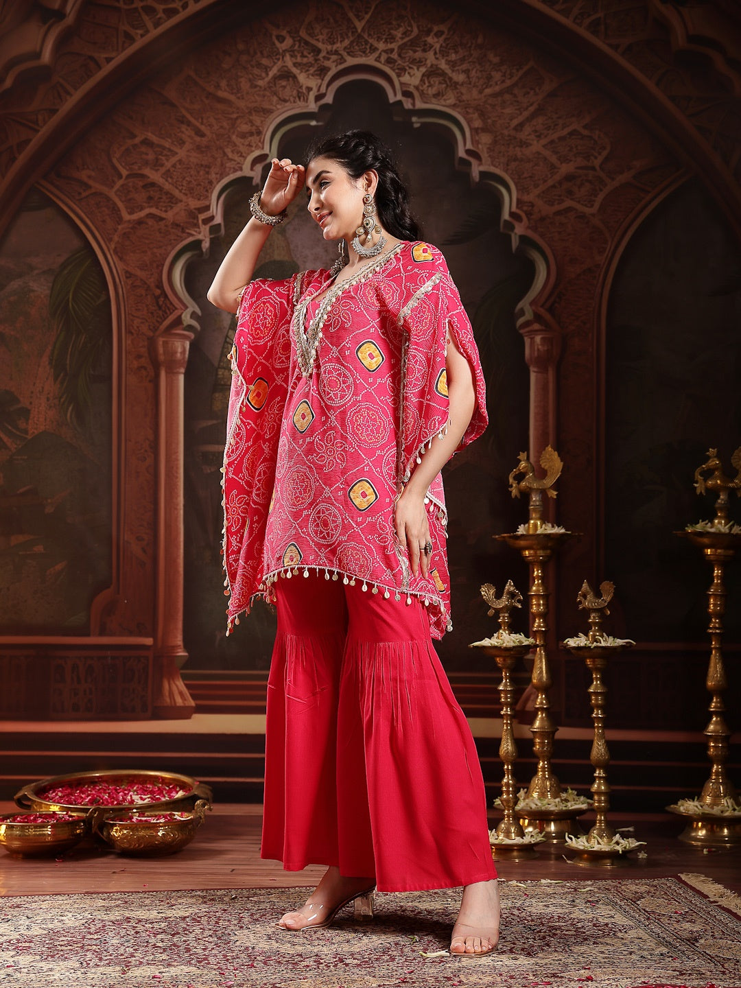 Pink Bandhej Printed Crepe Kaftan Sharara Set