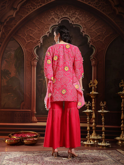 Pink Bandhej Printed Crepe Kaftan Sharara Set
