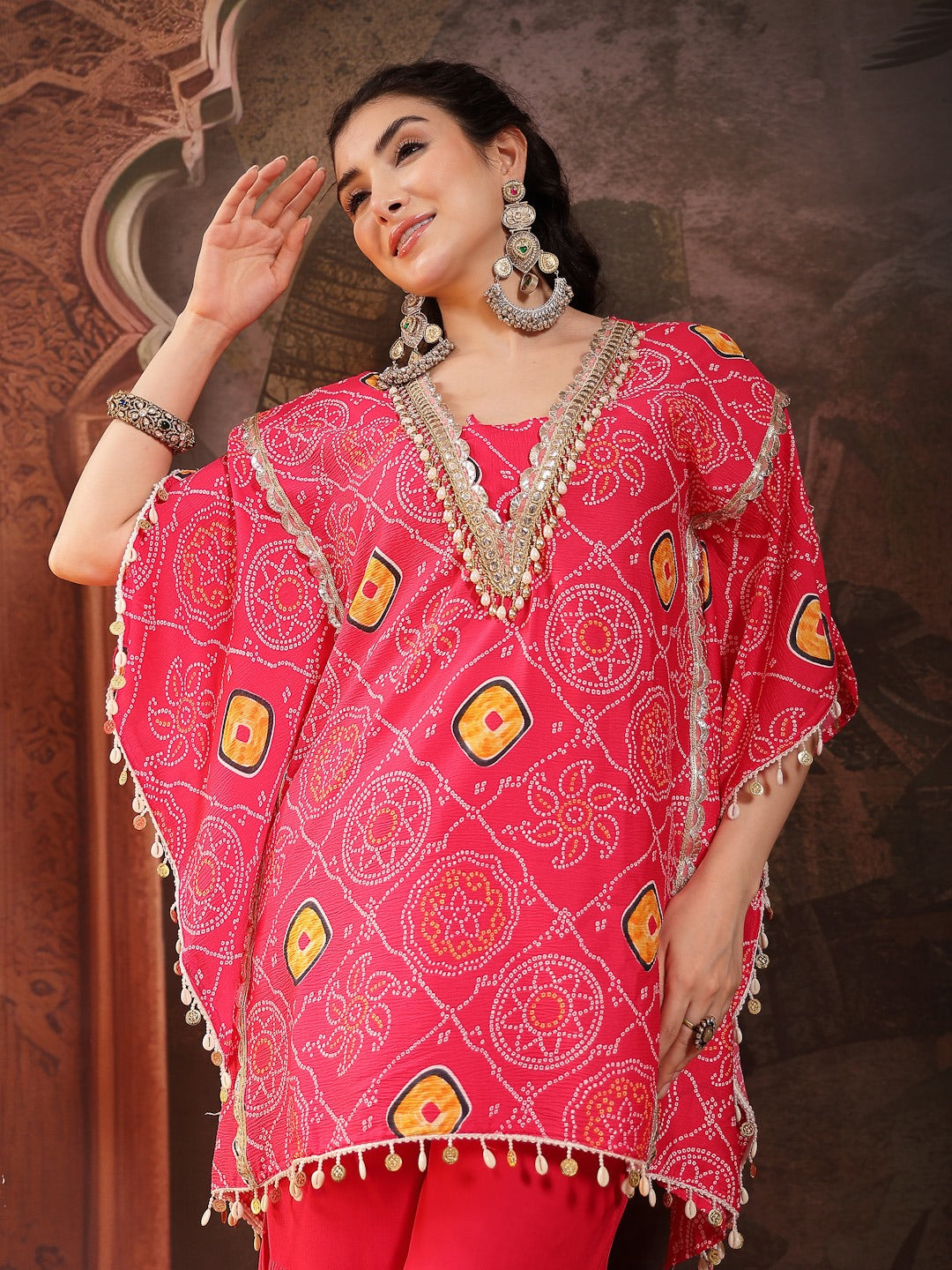 Pink Bandhej Printed Crepe Kaftan Sharara Set