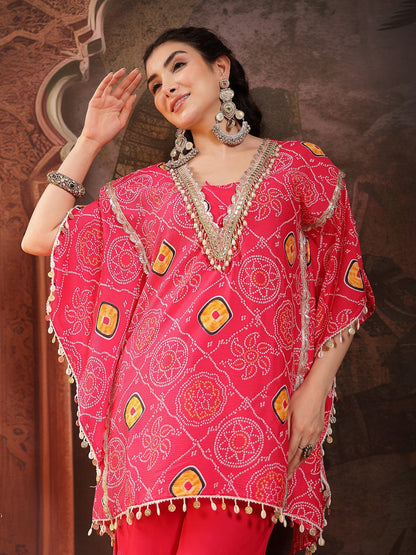 Pink Bandhej Printed Crepe Kaftan Sharara Set