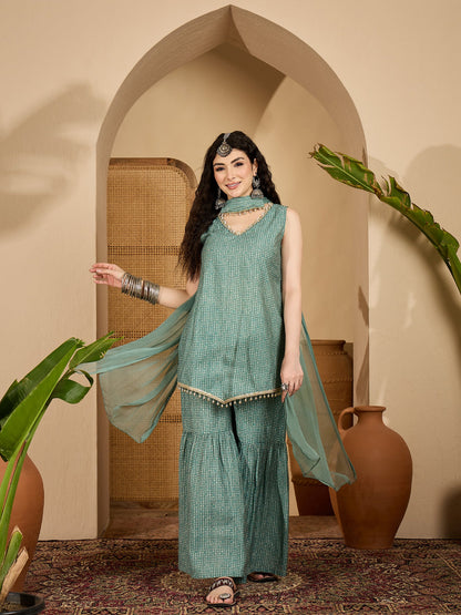 Bandhej Printed Rayon Asymmetric Short Kurti Sharara Dupatta Set