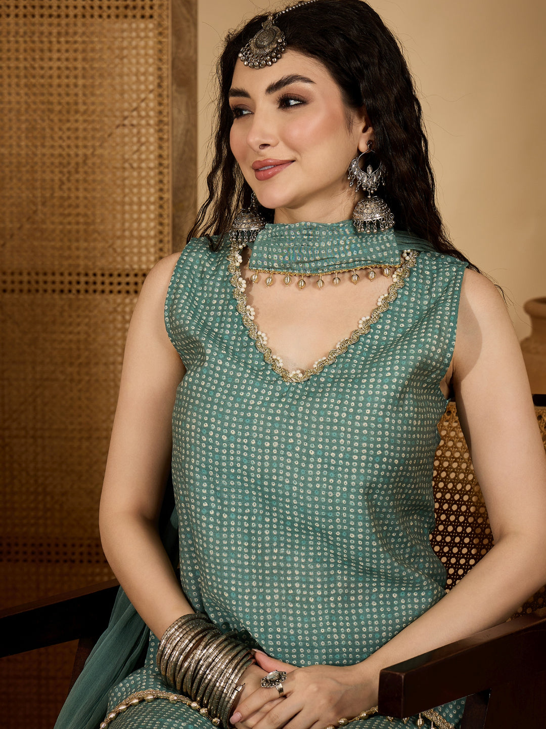 Bandhej Printed Rayon Asymmetric Short Kurti Sharara Dupatta Set