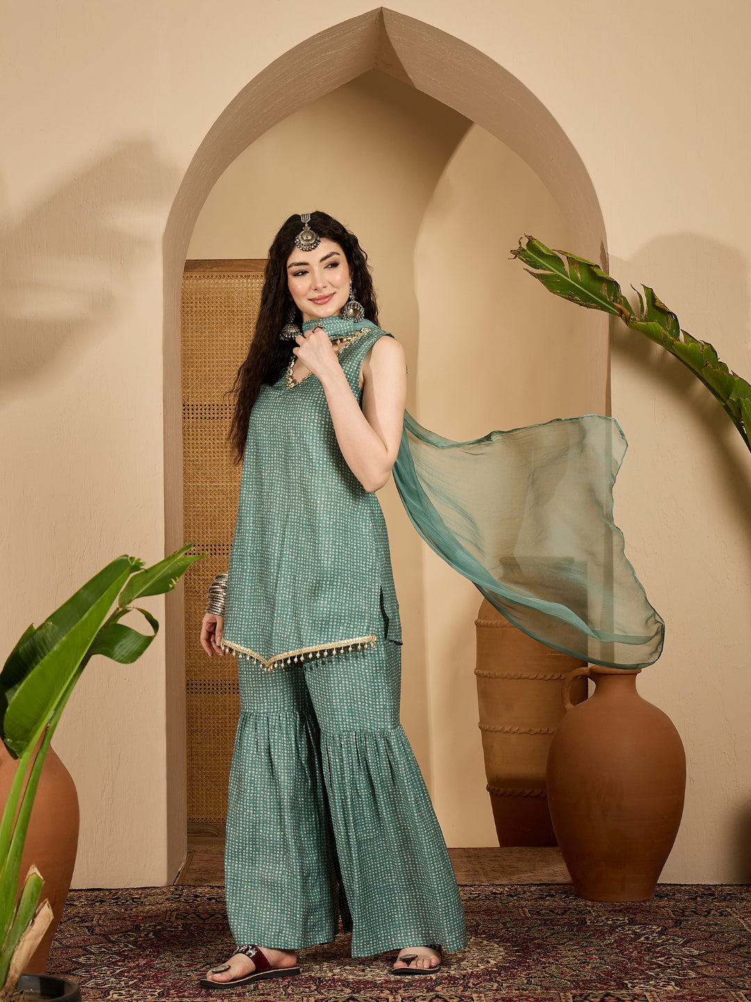 Bandhej Printed Rayon Asymmetric Short Kurti Sharara Dupatta Set