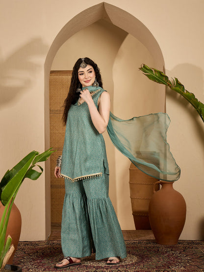 Bandhej Printed Rayon Asymmetric Short Kurti Sharara Dupatta Set