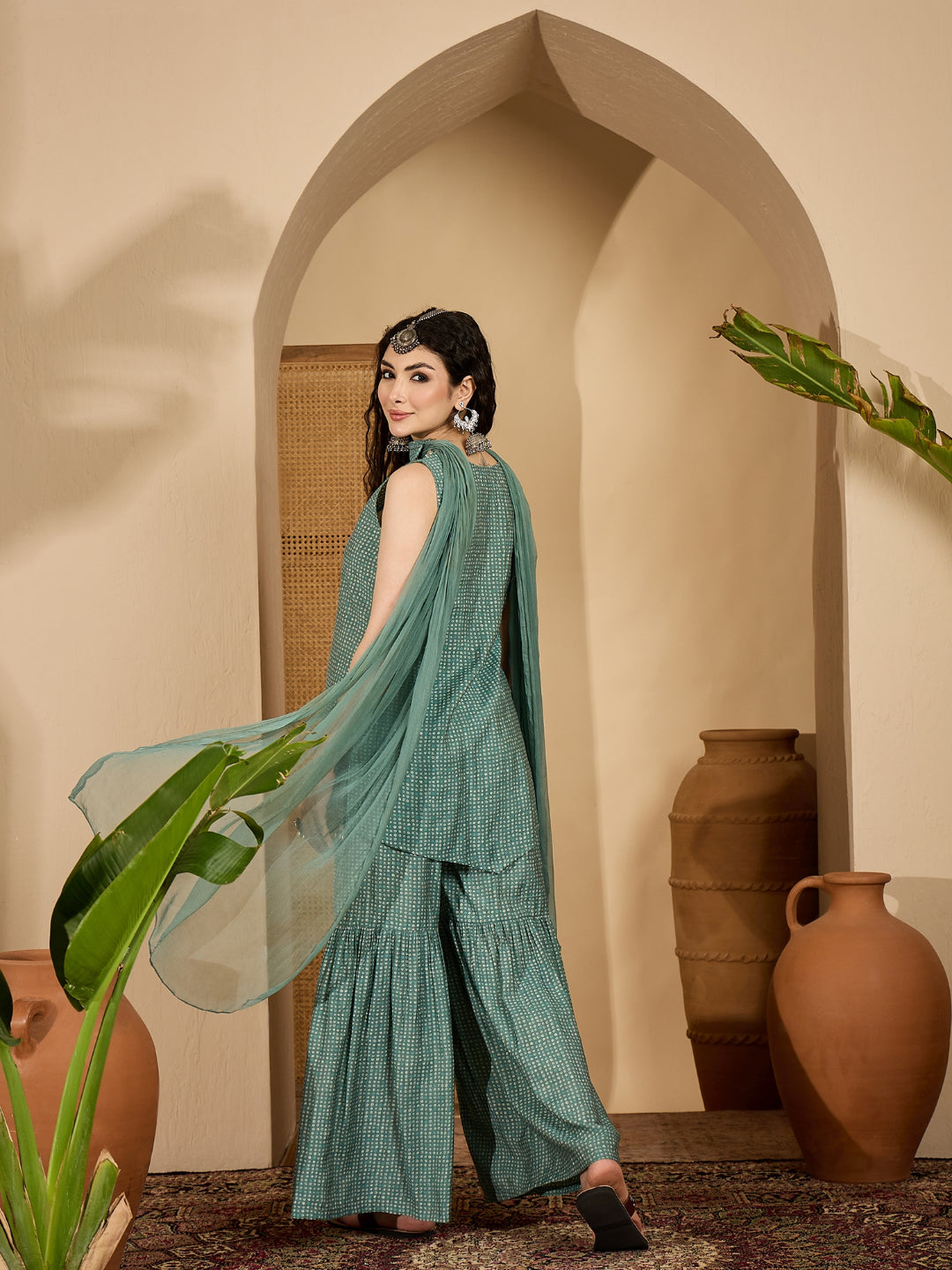 Bandhej Printed Rayon Asymmetric Short Kurti Sharara Dupatta Set