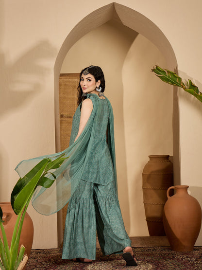 Bandhej Printed Rayon Asymmetric Short Kurti Sharara Dupatta Set