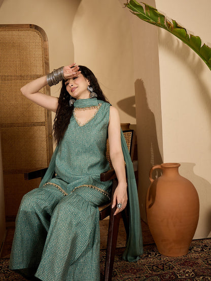 Bandhej Printed Rayon Asymmetric Short Kurti Sharara Dupatta Set