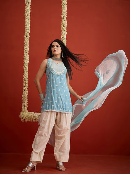 Ethnic Motifs Printed & Embroidered Rayon Straight Short Kurti Kurti Farshi Salwar Dupatta Set