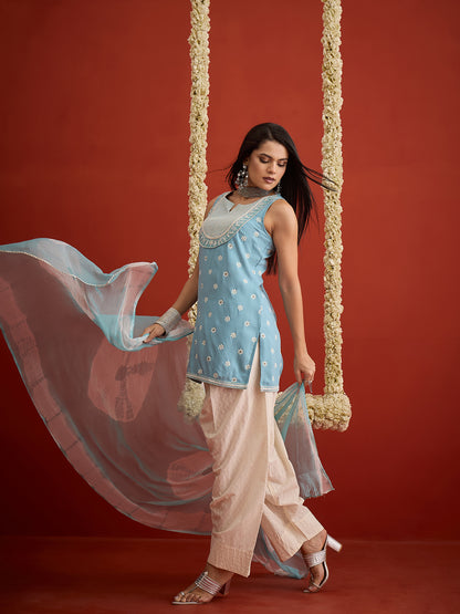 Ethnic Motifs Printed & Embroidered Rayon Straight Short Kurti Kurti Farshi Salwar Dupatta Set