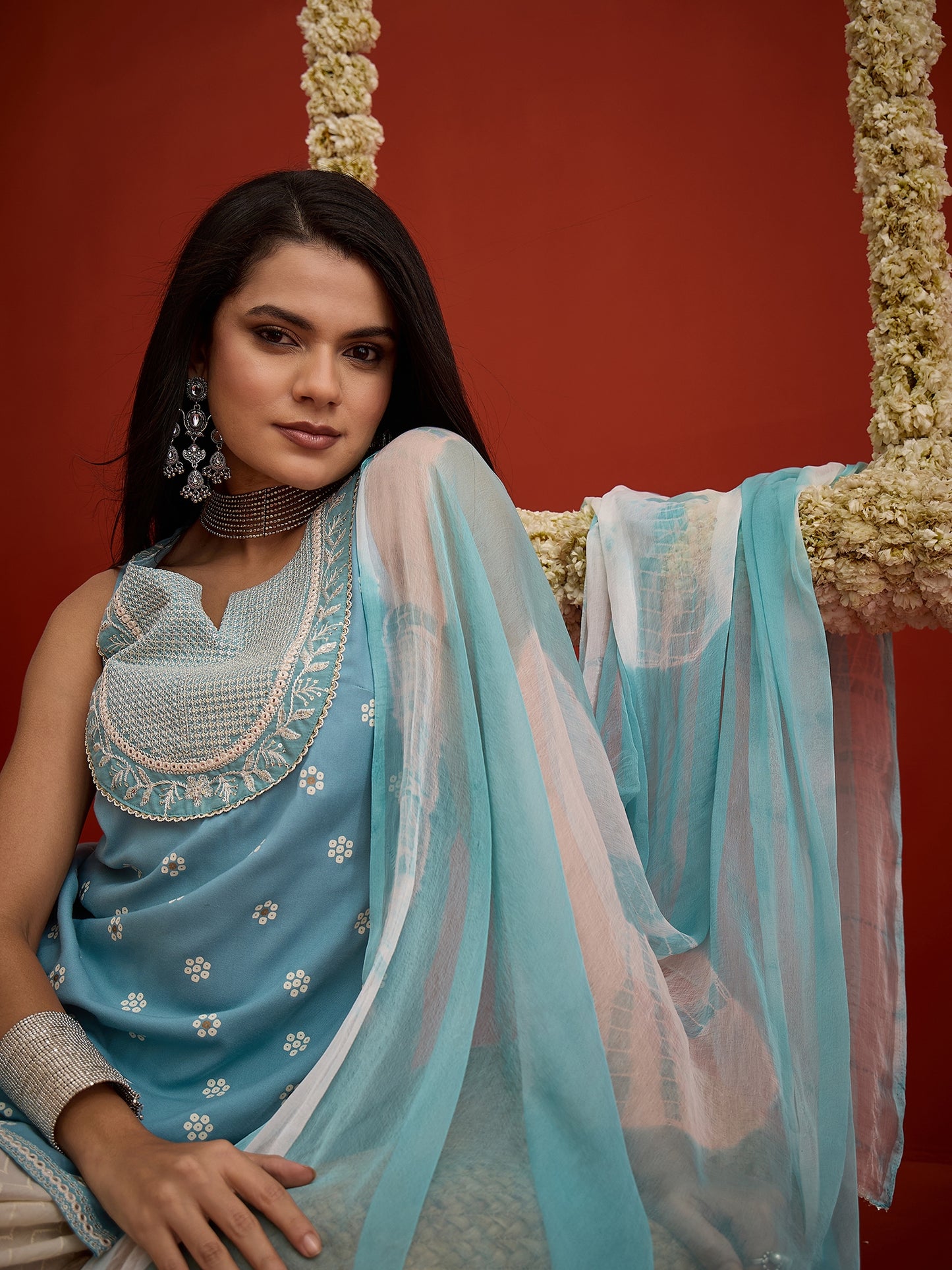 Ethnic Motifs Printed & Embroidered Rayon Straight Short Kurti Kurti Farshi Salwar Dupatta Set