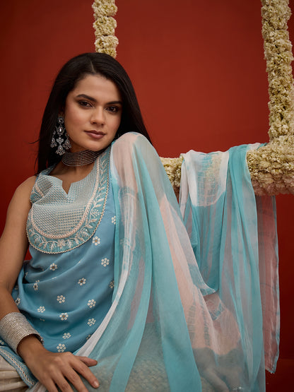 Ethnic Motifs Printed & Embroidered Rayon Straight Short Kurti Kurti Farshi Salwar Dupatta Set