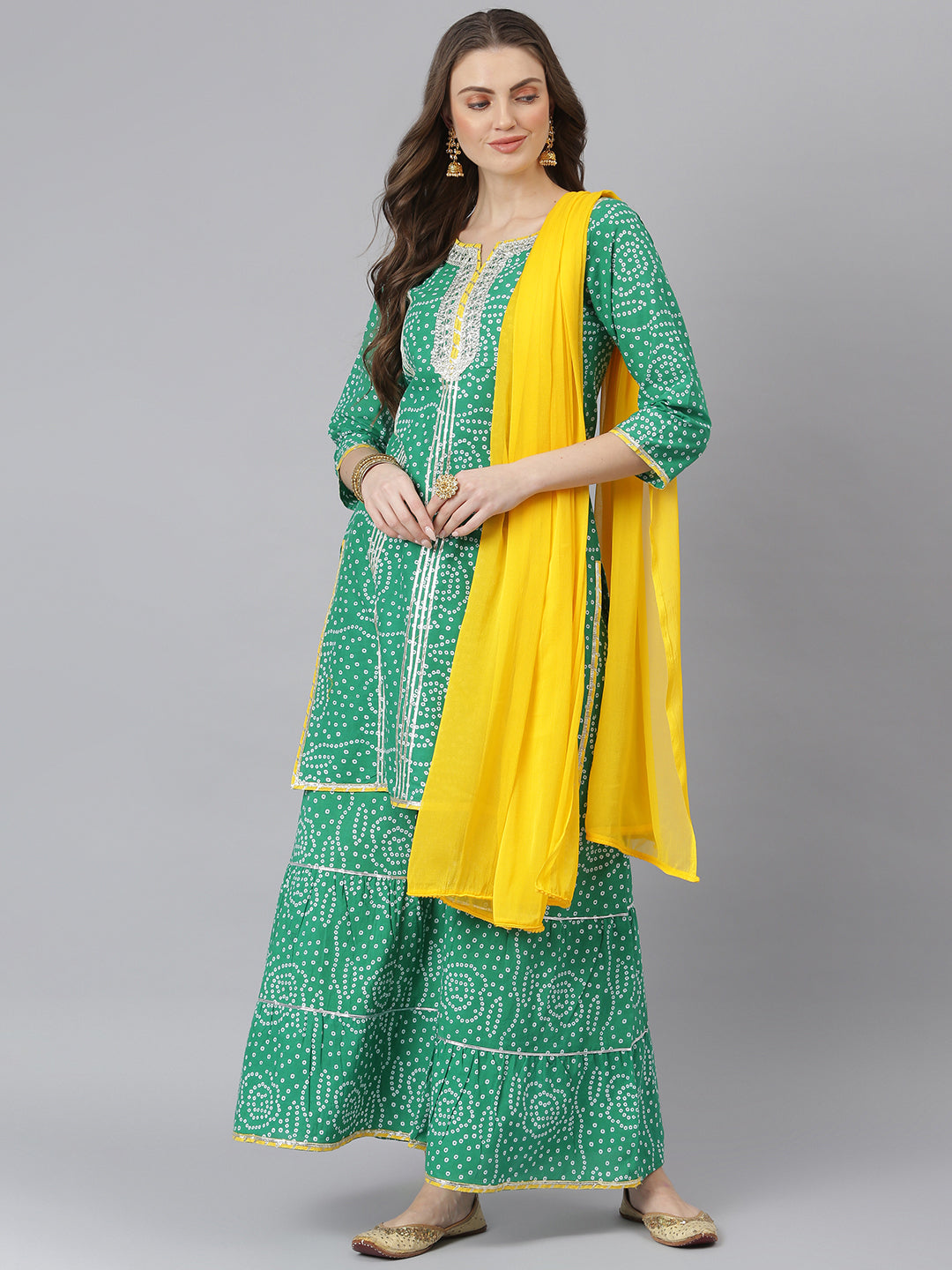Women Bandhani Print Cotton Straight Kurta Sharara Dupatta Set (Pre-Order)