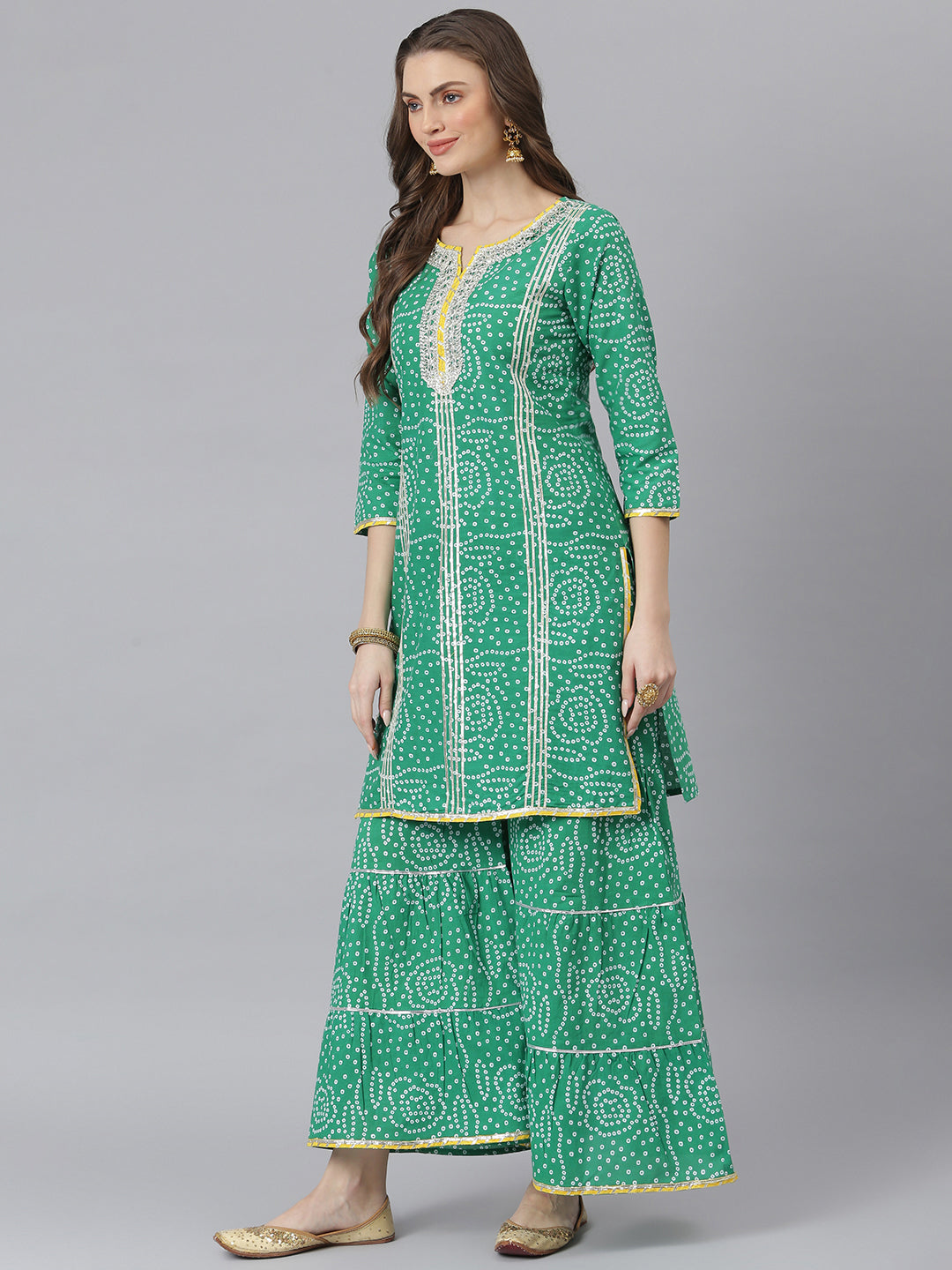 Women Bandhani Print Cotton Straight Kurta Sharara Dupatta Set (Pre-Order)