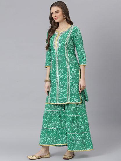 Women Bandhani Print Cotton Straight Kurta Sharara Dupatta Set (Pre-Order)